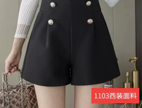 毛呢短裤女春秋冬外穿,高腰排扣a字阔腿in...
