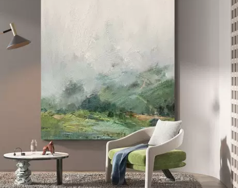 迷雾山景手绘油画绿色风景装饰画客厅挂画抽象...