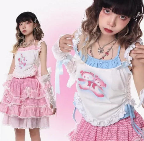 失常原创设计夏季小众千禧甜少女印花假两件吊...