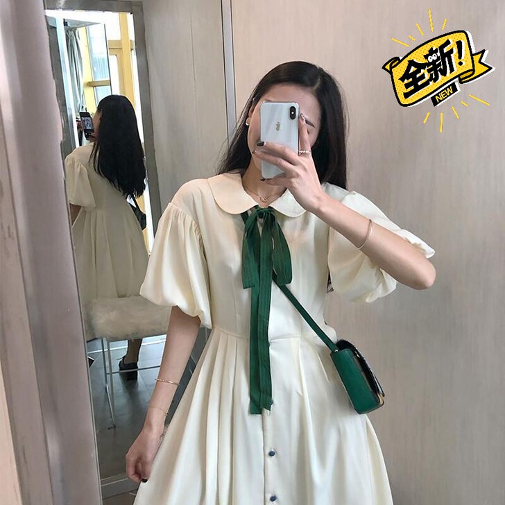 夏季新款学院甜美系带连衣裙女学生长裙韩版宽...