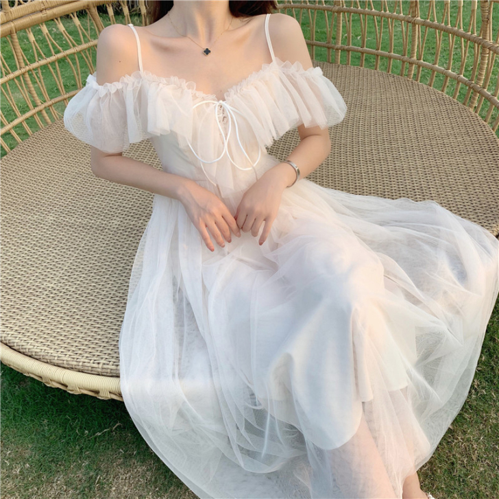 大摆仙女裙chic温柔风长款网纱小心机连衣...