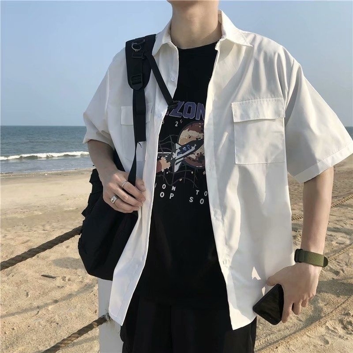 衬衫男短袖港风ins韩版纯色工装衬衣潮流夏...