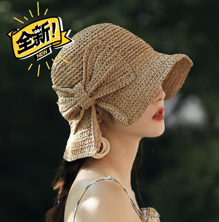 小沿草帽子女夏天防晒帽海边沙滩帽蝴蝶结渔夫...