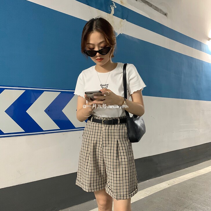 复古vintage !美式格子中裤 百搭...