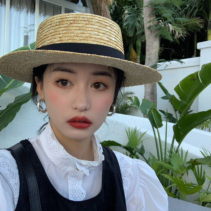 草编麦秆平顶草帽女夏天小清新礼帽出游海边遮...