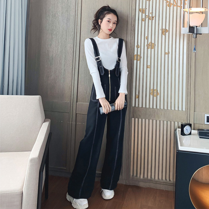 背带连体阔腿裤套装女2019秋季新款显瘦高...