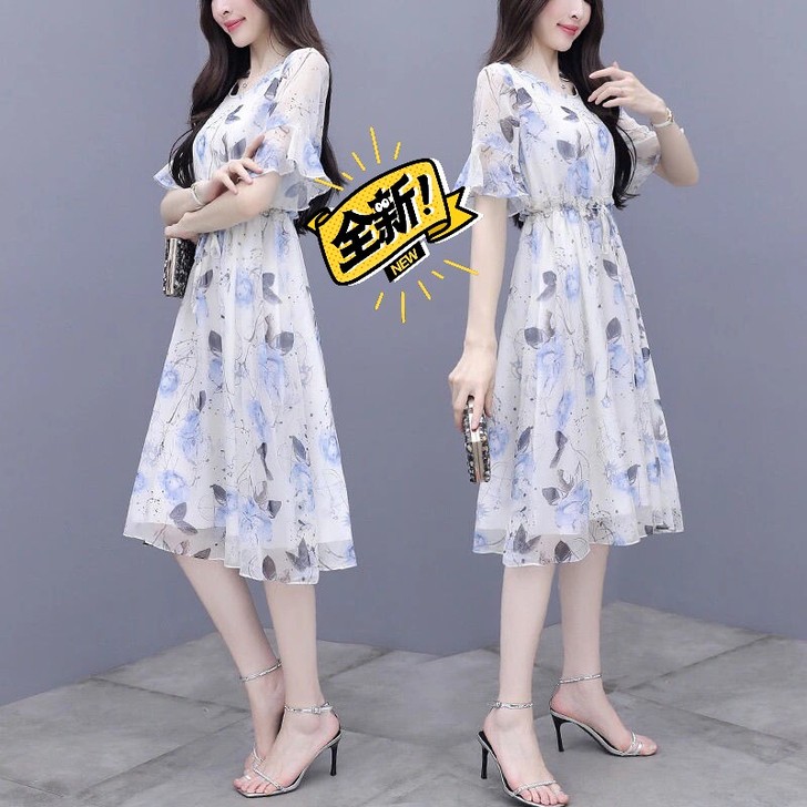 雪纺连衣裙2021新款夏季气质显瘦印花仙女...