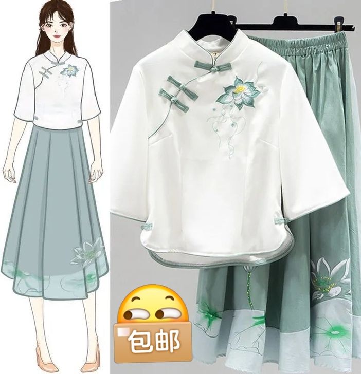 全新 新款汉服女装改良版两件套中袖连衣裙洋...