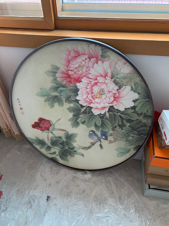 牡丹花油画手绘新中式圆形挂画 工艺:手绘 ...