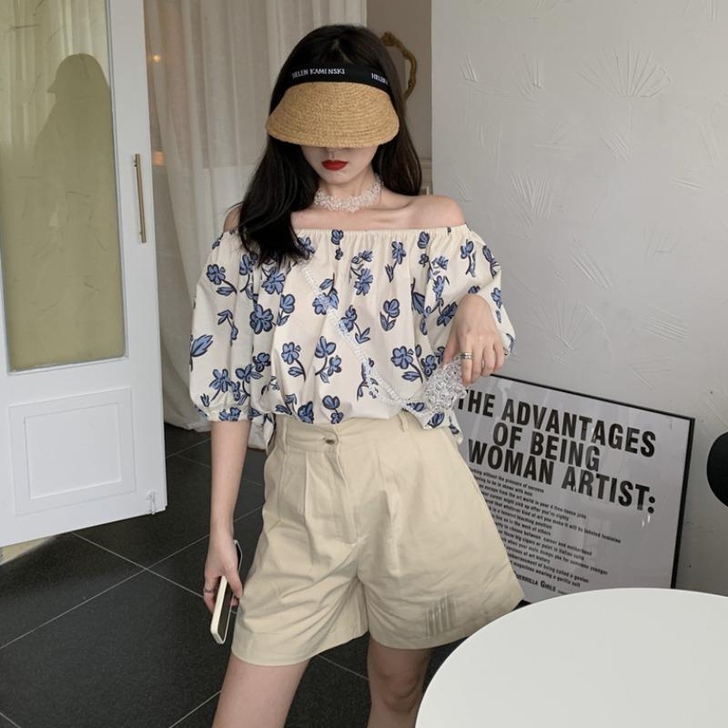 复古印花一字领短袖衬衫女设计感小众夏季20...