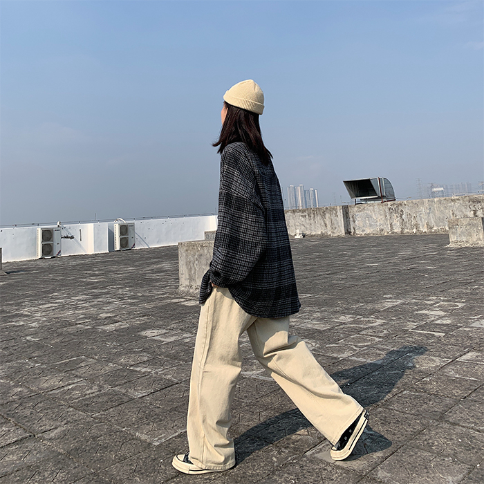 杏色裤子女2019新款韩版高腰显瘦百搭宽松...