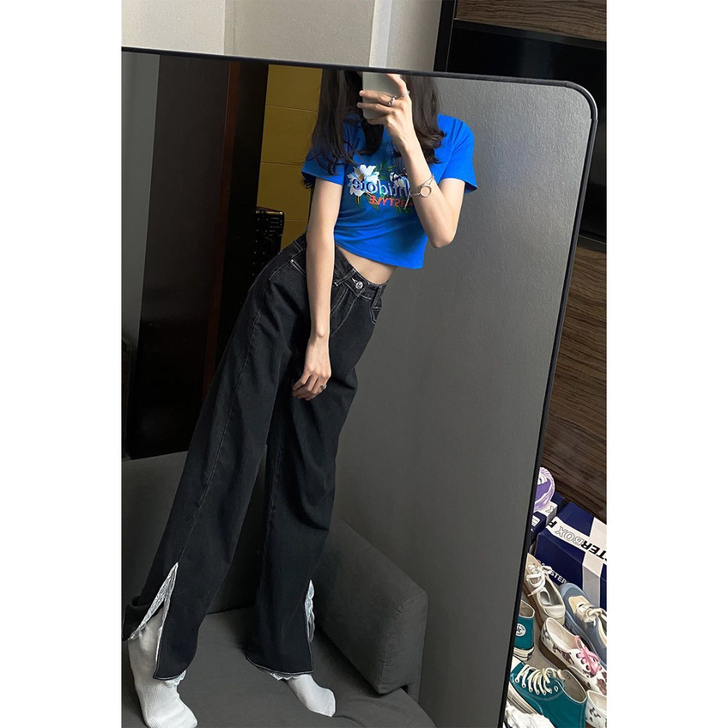 蕾丝花边牛仔裤女复古直筒宽松黑灰色开叉显瘦...
