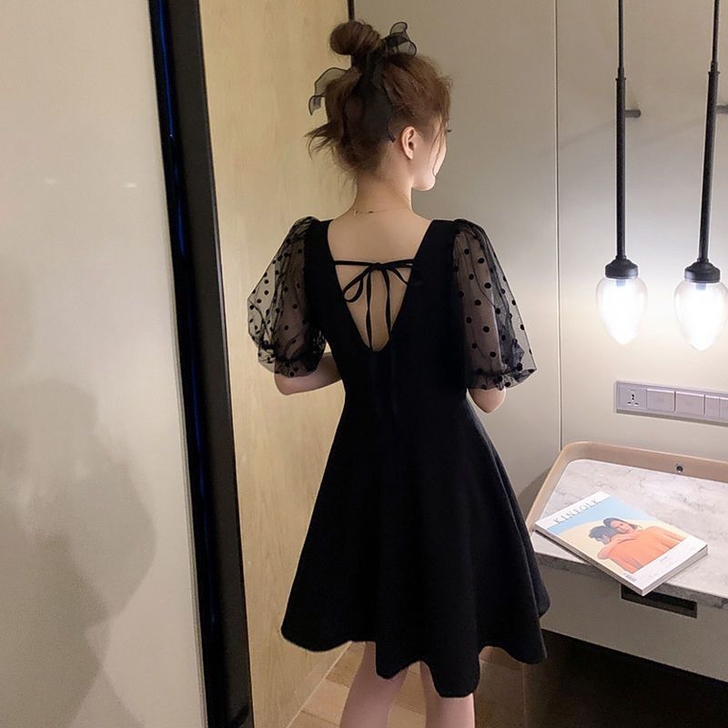 新款泡泡袖连衣裙女小个子夏季收腰显瘦仙气质...