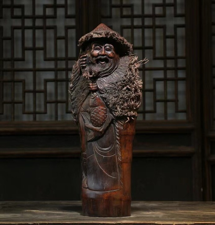 清代  竹根雕  摆件，姜太公钓鱼，寓意 ...