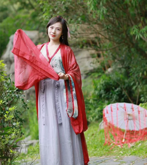 红色侠女古装，幻色雪纺魏晋汉服 大袖衫 交...