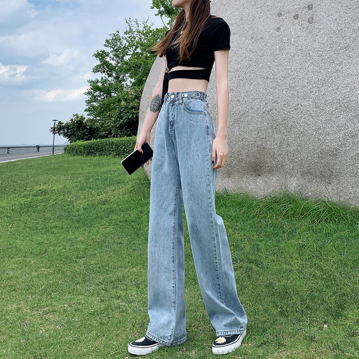 高腰阔腿牛仔裤女百搭显瘦宽松垂感2021年...
