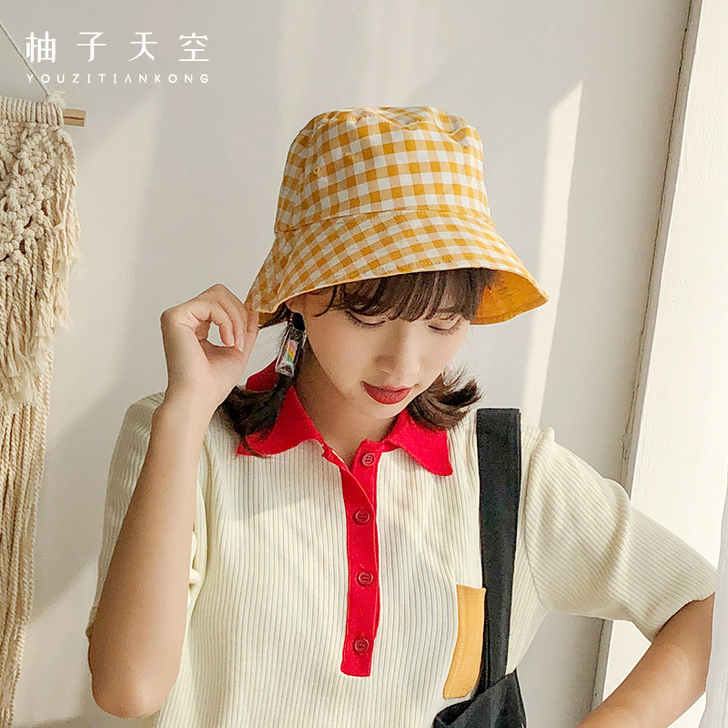 柚子天空 韩版双面渔夫帽女ins小清新格...