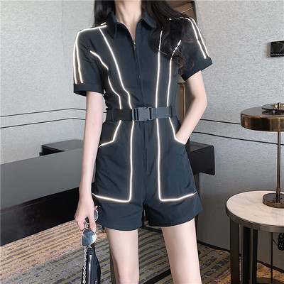 李婉君运动风连体裤女收腰显高黑色反光短裤夏...