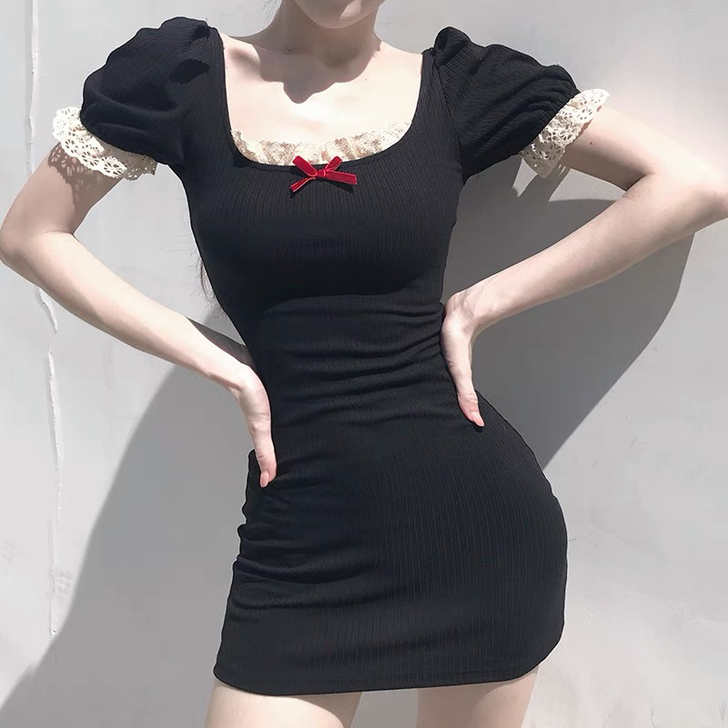 Tuku复古法式蝴蝶结蕾丝花边宫廷风连衣裙...