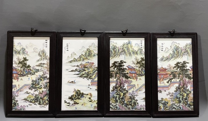 粉彩山水挂屏一组!!