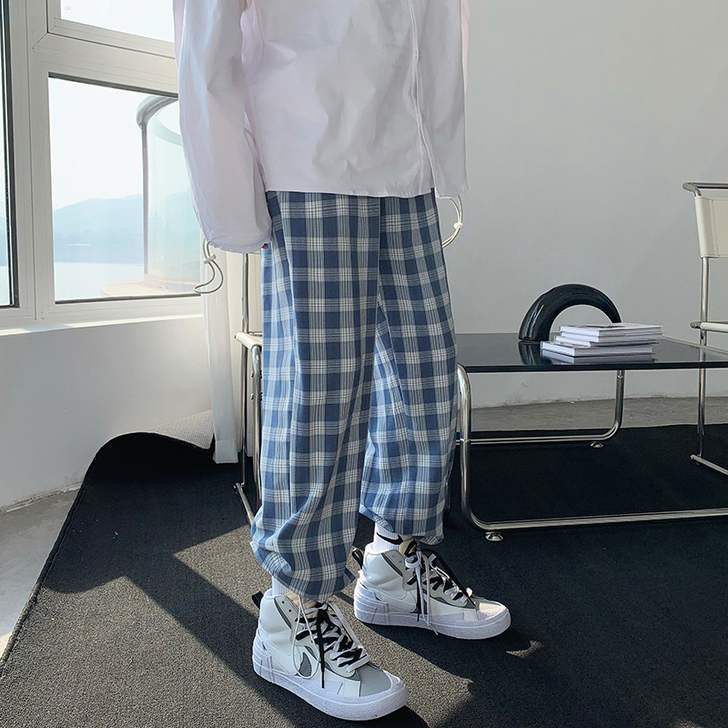 格子束脚裤女ins潮宽松垂感夏薄款学生冰丝...