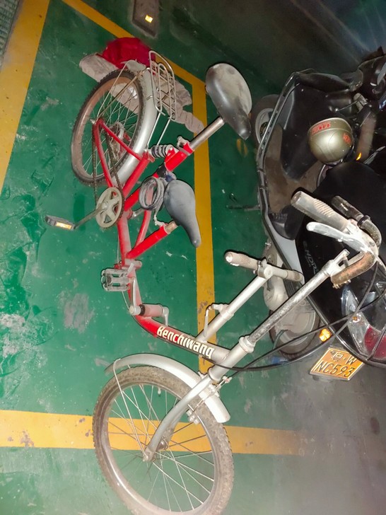 闲置自行车，子母单车。放太久了，轮胎没有气了