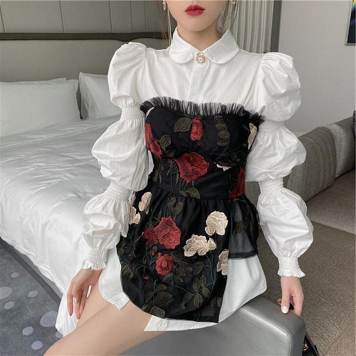 套装女2021秋装法式复古设计感抽褶衬衣+...