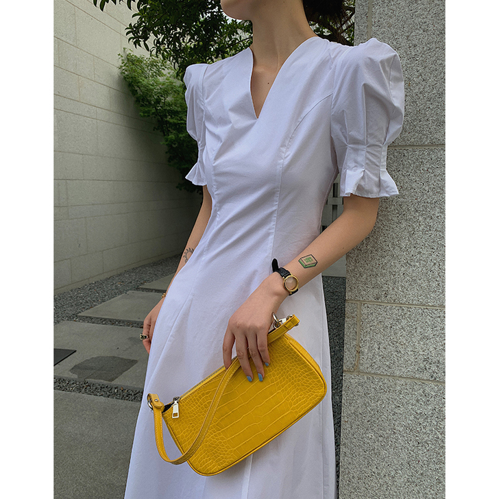 灯笼袖裙子夏仙女连衣裙收腰显瘦 纯白 显瘦