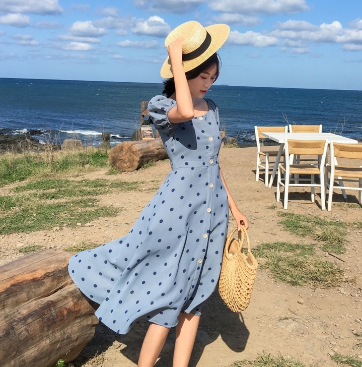 法式复古赫本风长裙很仙少女夏裙子收腰中长款...
