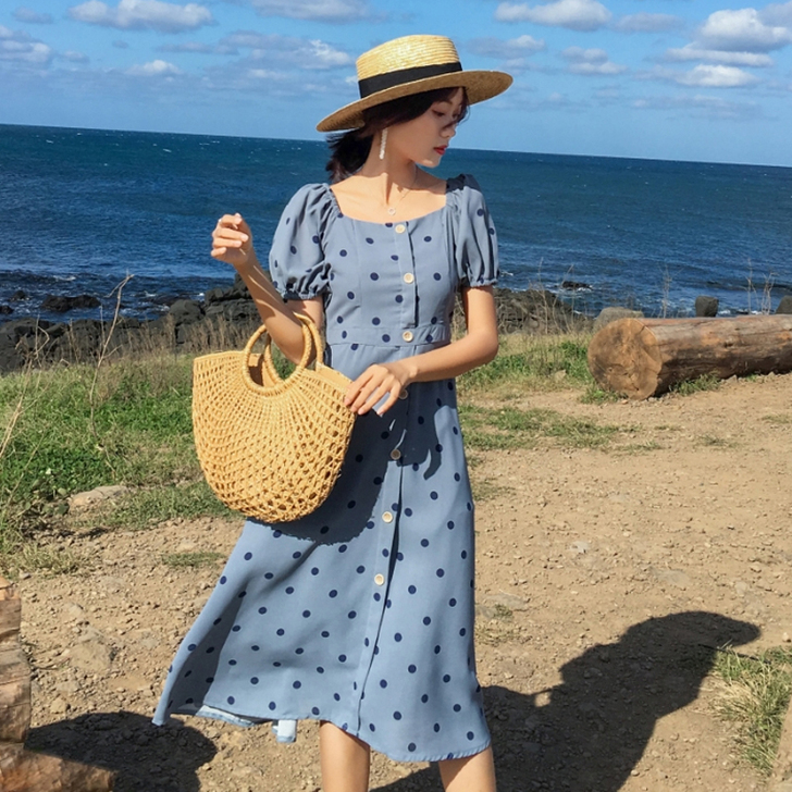 法式复古波点连衣裙赫本风少女茶歇裙夏气质中...