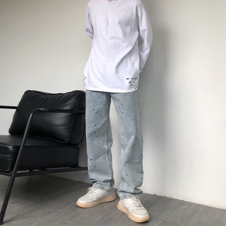 做旧复古蓝潮牌水洗牛仔裤男个性泼墨宽松直筒...