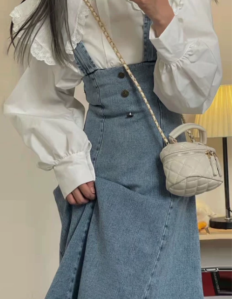 牛仔背带裙女夏季港风复古荷叶边鱼尾连衣裙包...