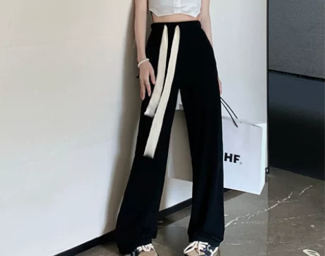 低价出售,黑色拖地休闲裤女 高腰直筒宽松...