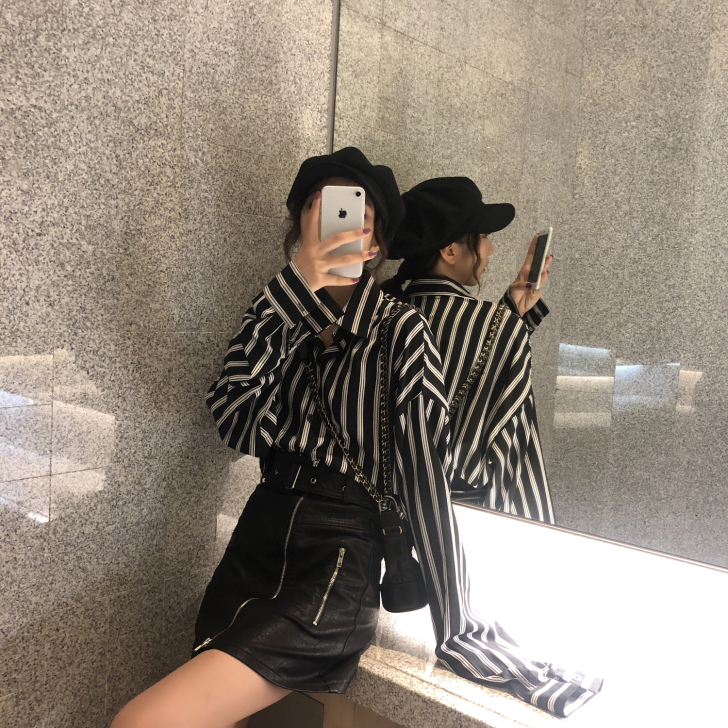 chic早秋上衣慵懒衬衫女韩范长袖条纹网红...