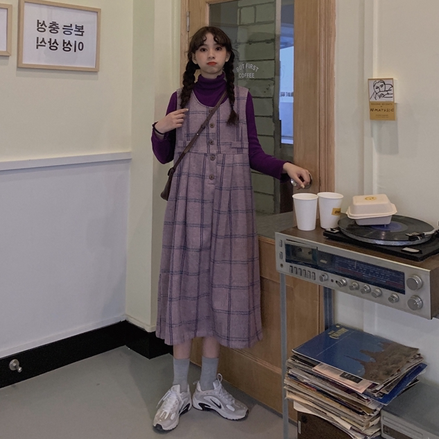 复古格纹背带裙春季新款韩版宽松高腰连衣裙呢...