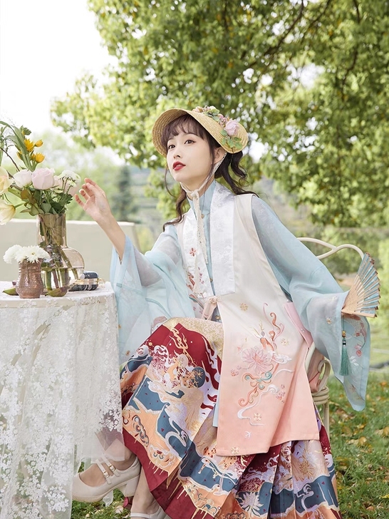 七月夕 橙花仙鹿 明制绣花比甲对襟衫仿妆花...