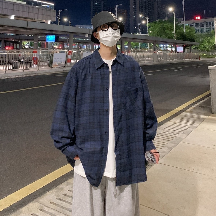 男士新款格子长袖衬衫春秋韩版潮流宽松衬衣港...