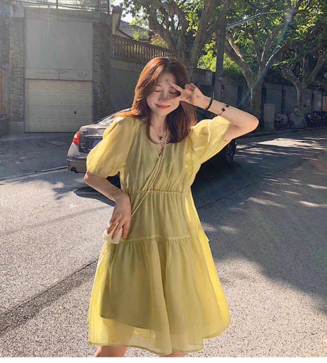 甜美小清新超仙连衣裙女2021收腰修身显瘦...