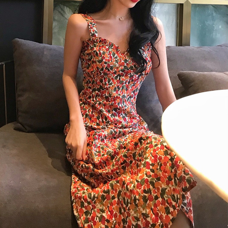 法式碎花连衣裙女夏季气质显瘦桔梗小个子流行...