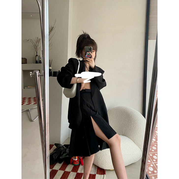 shushutong高腰开叉百褶裙