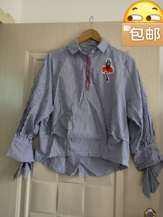 棉布条纹衬衫,套头,能穿120斤以内。袖口...