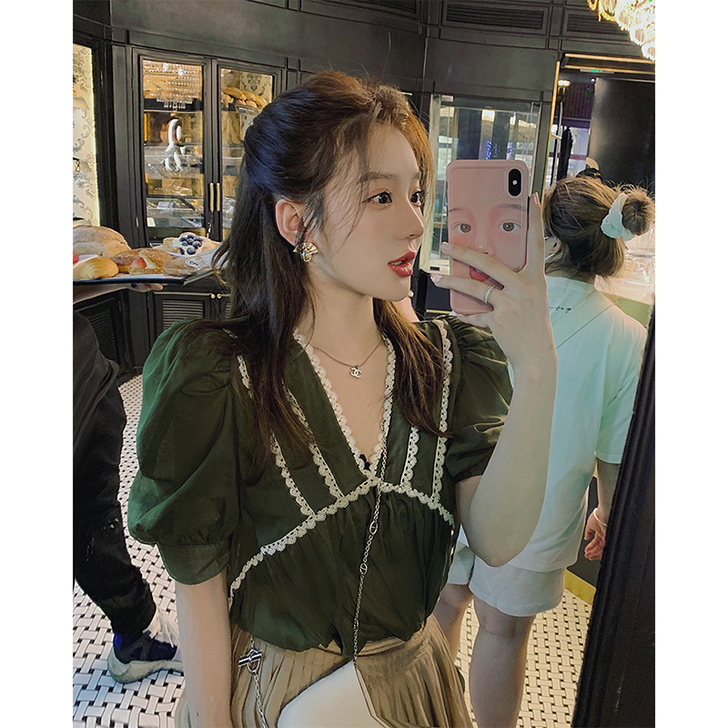 美美的夏夏 甜美百搭泡泡袖绿色宽松短袖蕾丝...