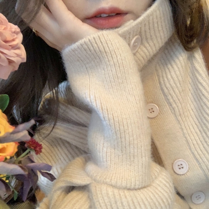 杏色翻领开衫毛衣女慵懒外套