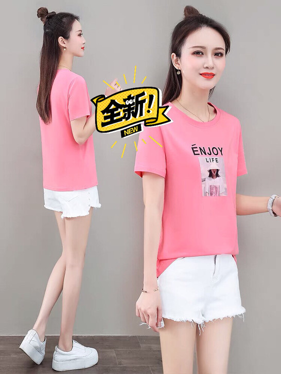 纯棉短袖t恤女2021年夏季新款正肩袖夏天...