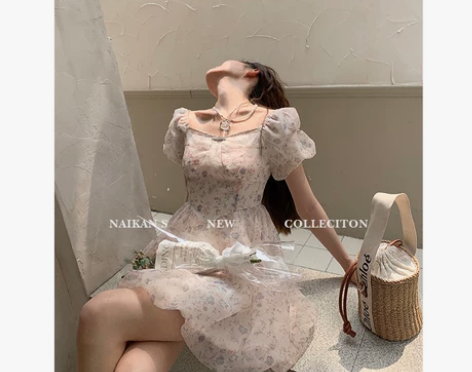 【烟熏桃桃冰】超仙欧根纱花苞裙法式碎花连衣...