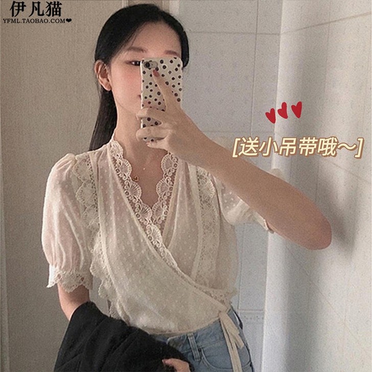 短袖蕾丝边甜美雪纺衫2021春夏季新款女高...