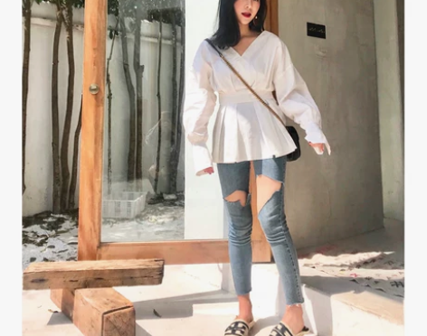 bellas 浅蓝色弹力牛仔裤夏女破洞不对...