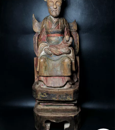 罕见明代大尺寸彩绘描金木雕送子观音像，包浆...