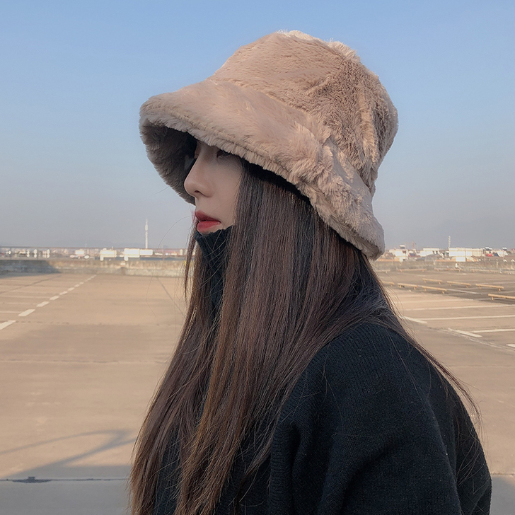 冬季女加厚仿兔毛平顶日系渔夫帽盆帽百搭纯色...