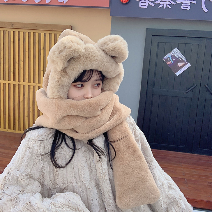 小熊帽子韩版可爱女百搭秋冬季冬天围巾一体保...